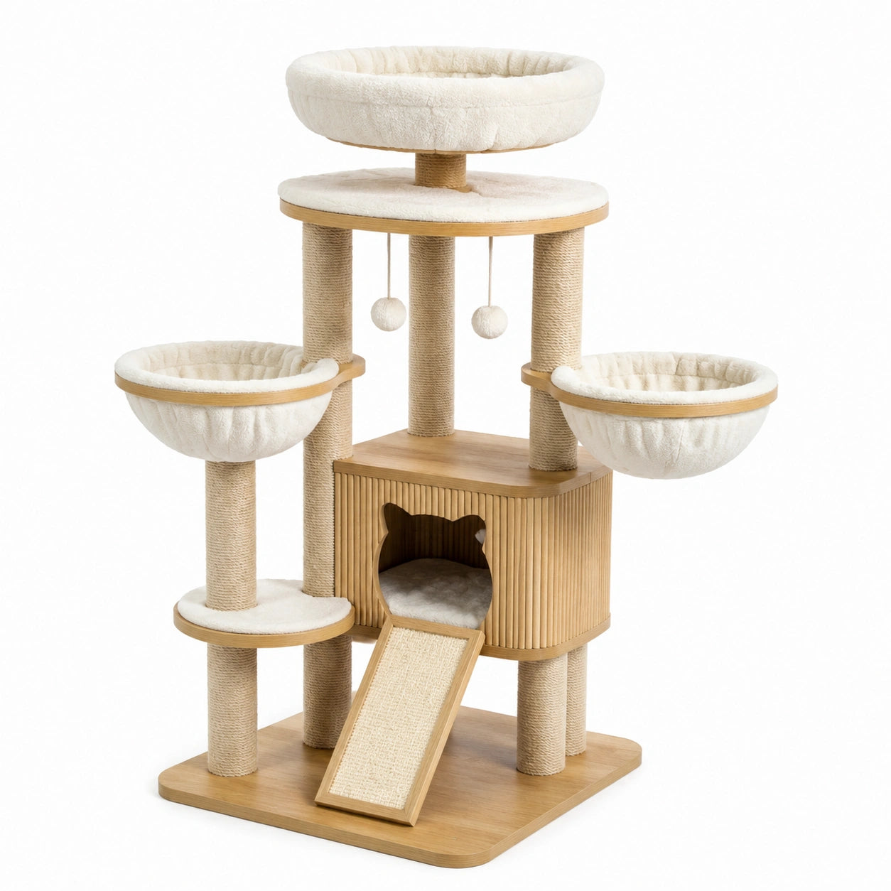 Árbol para gatos de madera y felpa beige con rascadores de sisal