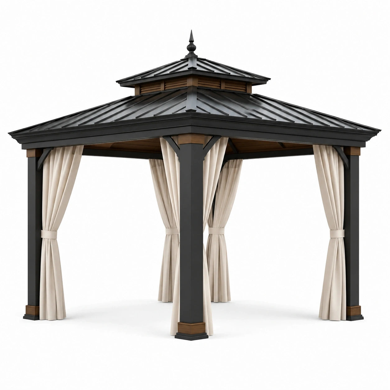 Gazebo de Metal con Techo de Acero Galvanizado y Cortinas de Poliéster 300x300 cm