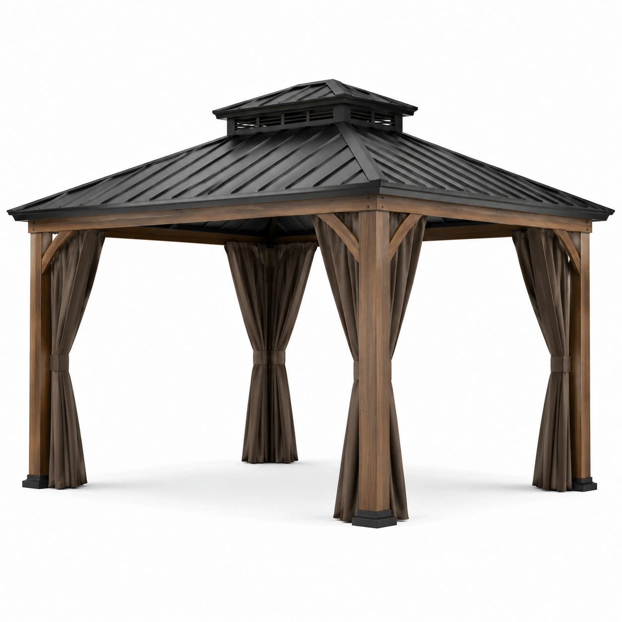 Pérgola de madera y acero con techo a dos aguas y cortinas de poliéster marrones