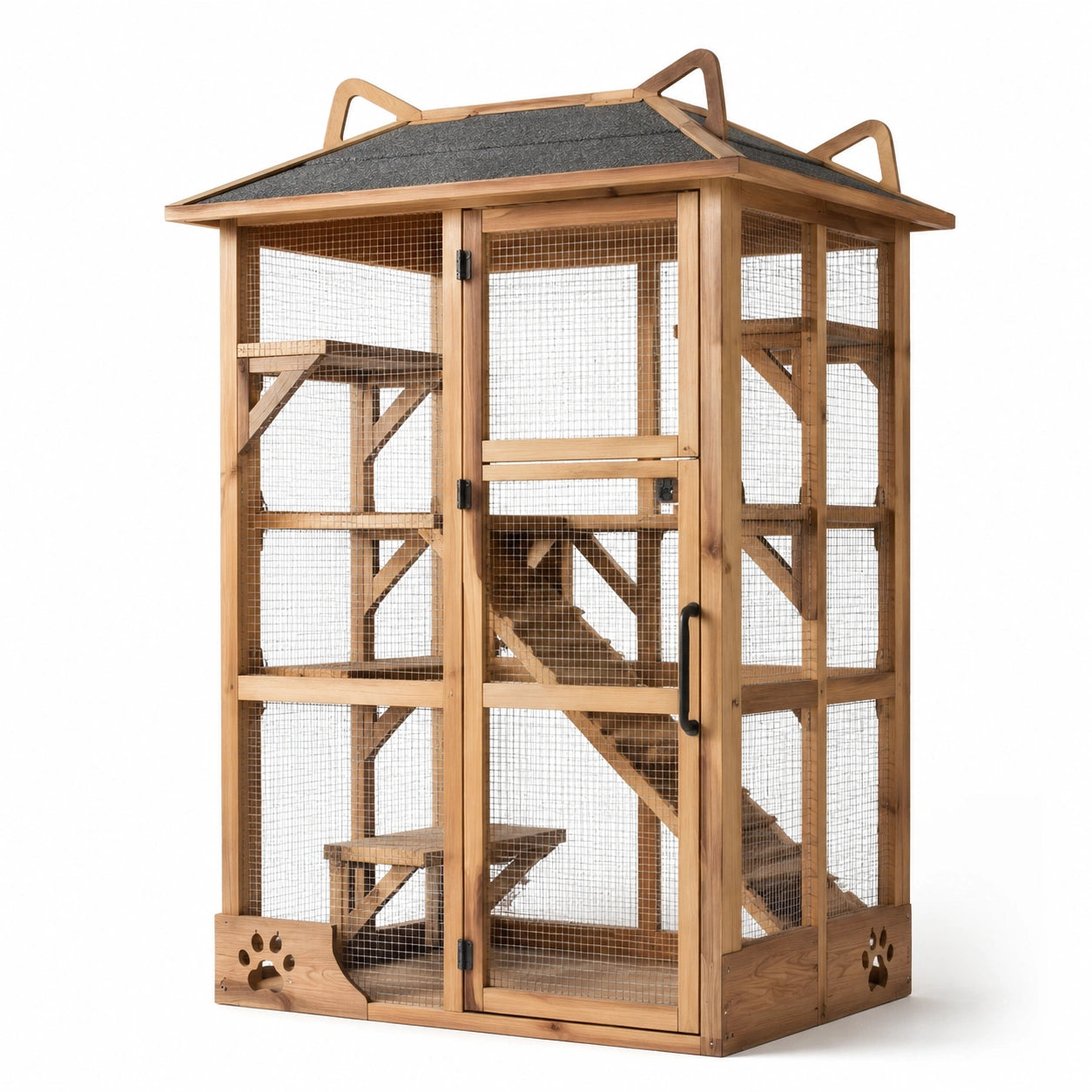 Jaula para gatos de madera y metal con techo inclinado, marrón claro, 150 cm