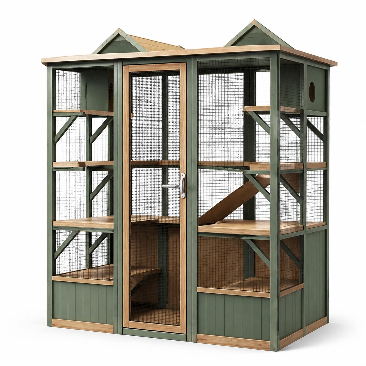 Jaula para gatos de madera y metal verde con niveles múltiples