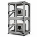 Jaula de madera y metal para gatos con ruedas gris