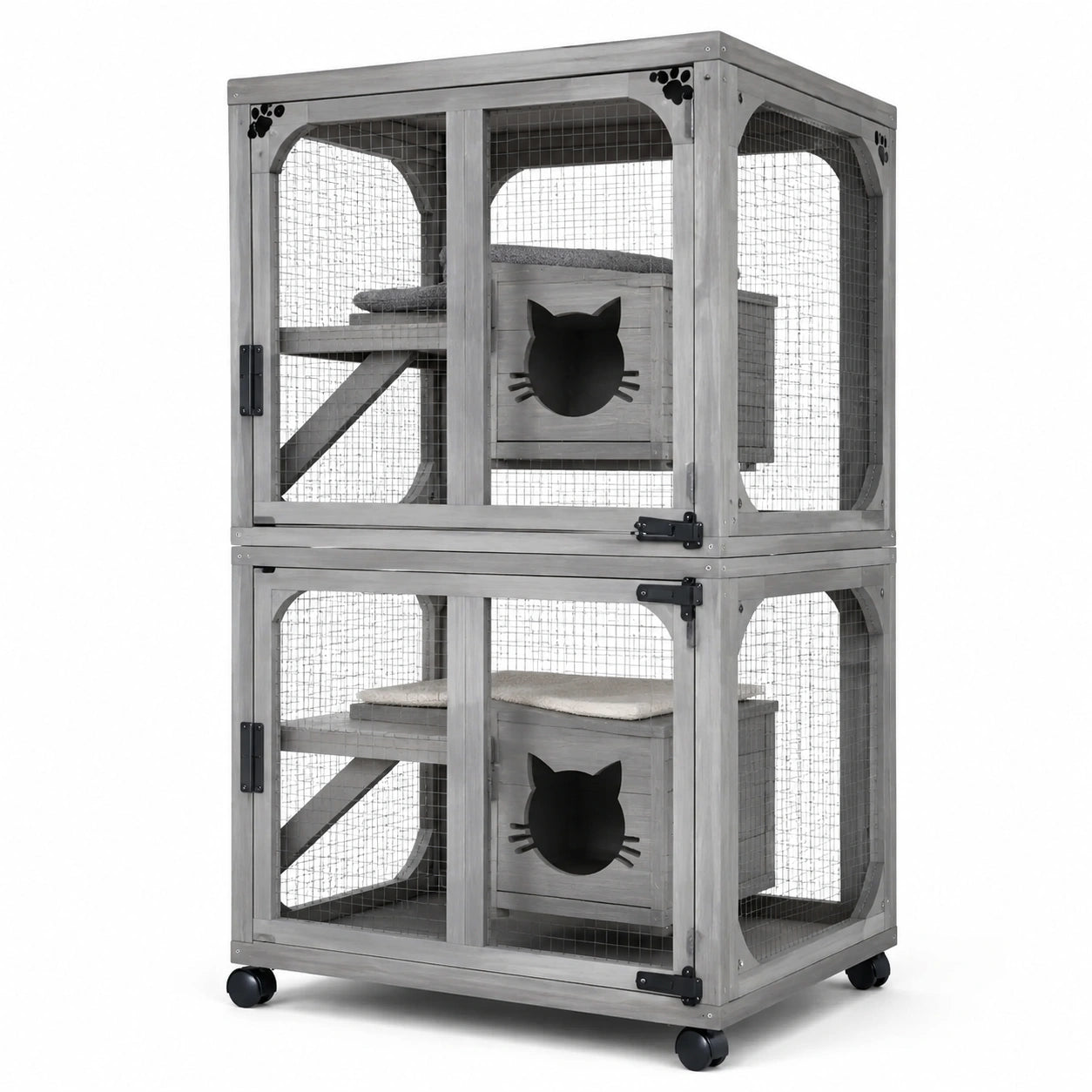 Jaula de madera y metal para gatos con ruedas gris