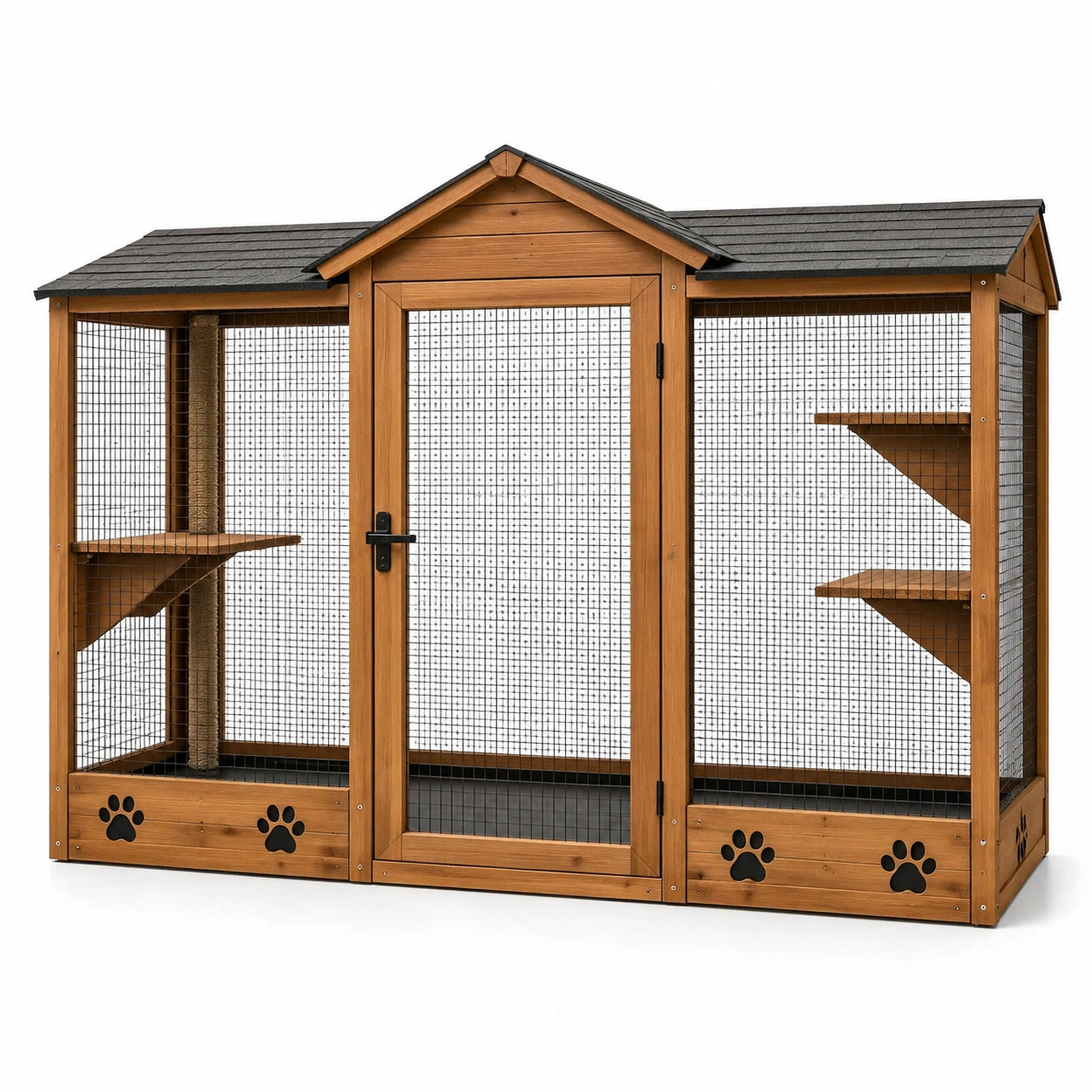 Jaula de madera de abeto para gatos con techo a dos aguas y estantes