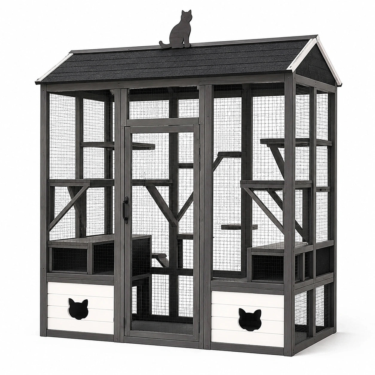 Caseta de madera para gatos con malla metálica y techo inclinado gris