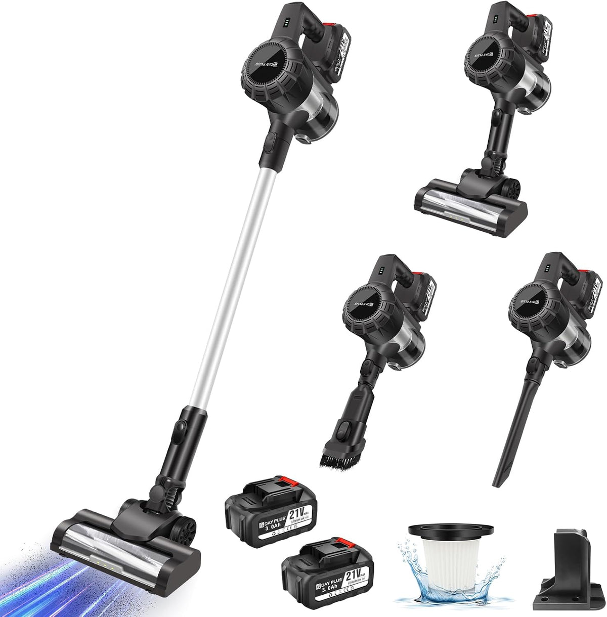 Odkurzacz pionowy Royalswill, odkurzacz bezprzewodowy – 3 W, 15 kPa, Czarny, oświetlenie LED – praca bezprzewodowa, 3 w 1, Odkurzacz, 2 baterie