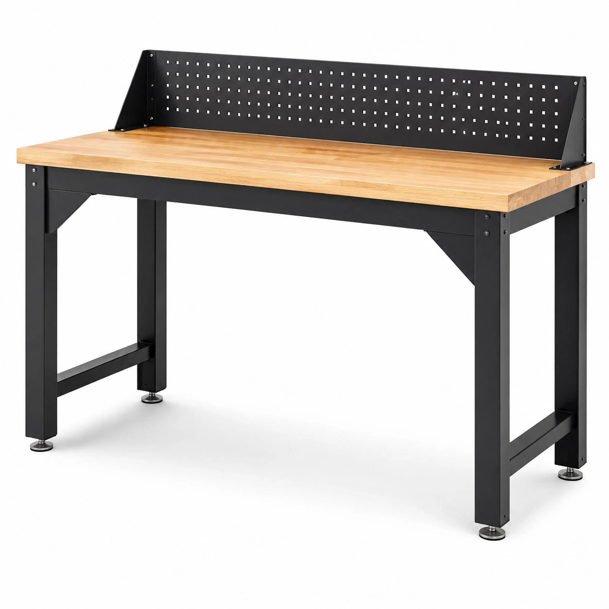 Mesa de trabajo de acero y madera maciza con panel perforado negro