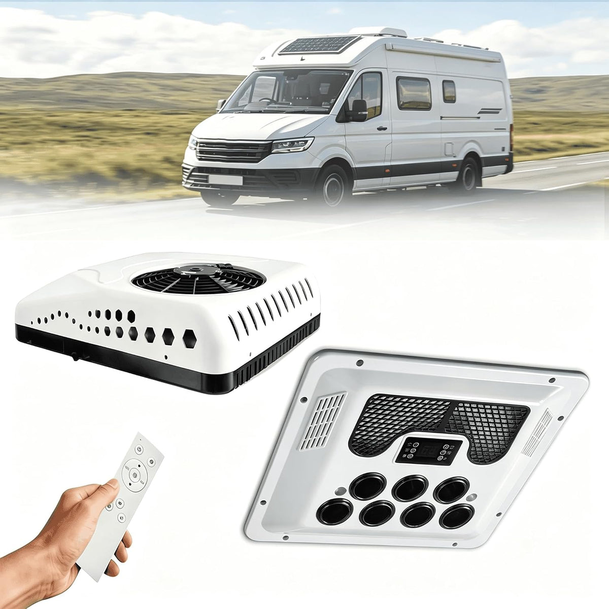 Klimatyzator, 12 V, 7850 BTU – 2300 W, Biały, tłumik, kemping – 7850 BTU tłumik, wytrzymały kadłub ABS, do budowy samochodów