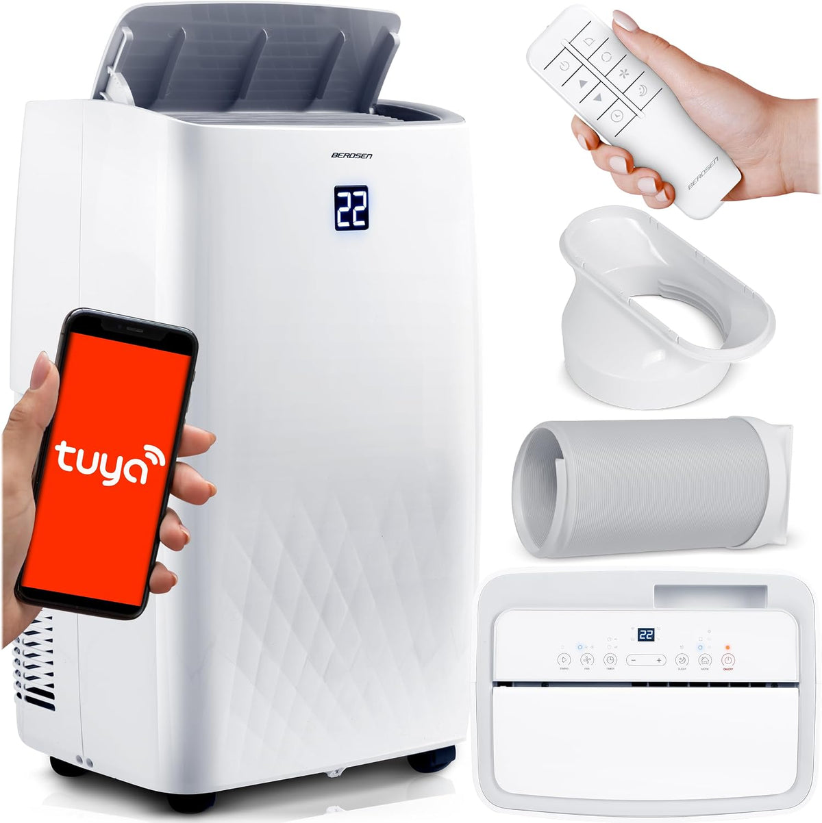 Klimatyzator przenośny Berdsen, klimatyzator mobilny – 14000 BTU, 34 l, 41 × 31 × 70 cm, Biały – Wi-Fi, pilot zdalnego sterowania, timer, 5 w 1