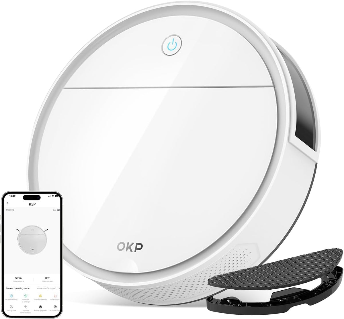OKP Robot sprzątający, odkurzacz automatyczny, 7.7 cm, Biały – Wi-Fi, Odkurzacz, cichy, Wi-Fi / App / Alexa – 5000 Pa, 180 minut