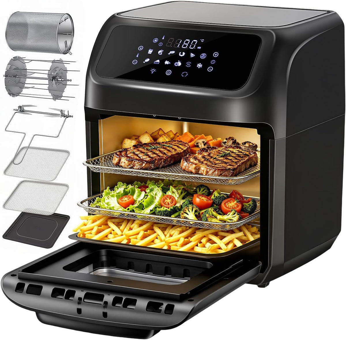 Frytkownica beztłuszczowa LLIVEKIT, air fryer, 12 l, 1800 W – 30 cm, Czarny, funkcja grilla, 12 programów – kompaktowy, 12 l gorące powietrze Fry
