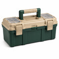 Caja de herramientas de plástico verde y beige con compartimentos 40x20x20 cm