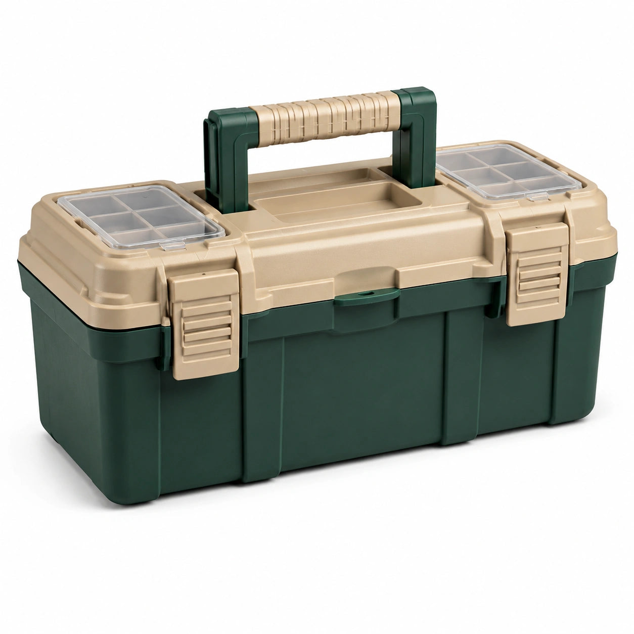 Caja de herramientas de plástico verde y beige con compartimentos 40x20x20 cm