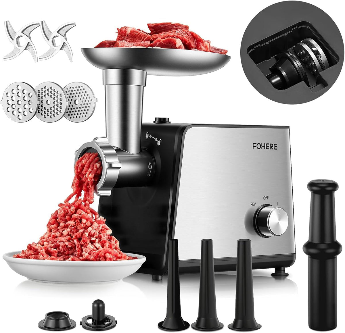 Grill FOHERE, 3200 W, Srebrny – maszynka do mięsa, 3 rurki kiełbasa i zestaw Kubbe, Elektryczny Happeer Meat 3200 W Max wyposażone w 3 e