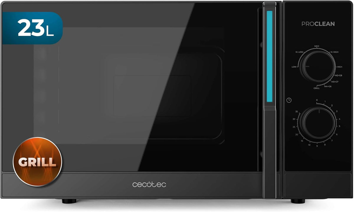 Cecotec Grill, 23 l – 1000 W, 285 mm, Czarny / Srebrny, kuchenka mikrofalowa – 35min, 800 W, zegar, profesjonalny