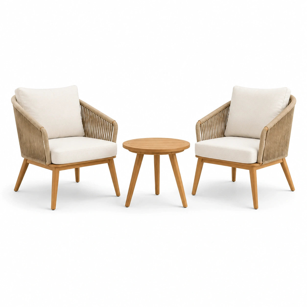 Conjunto de jardín de 3 piezas en madera y cuerda con cojines color crema