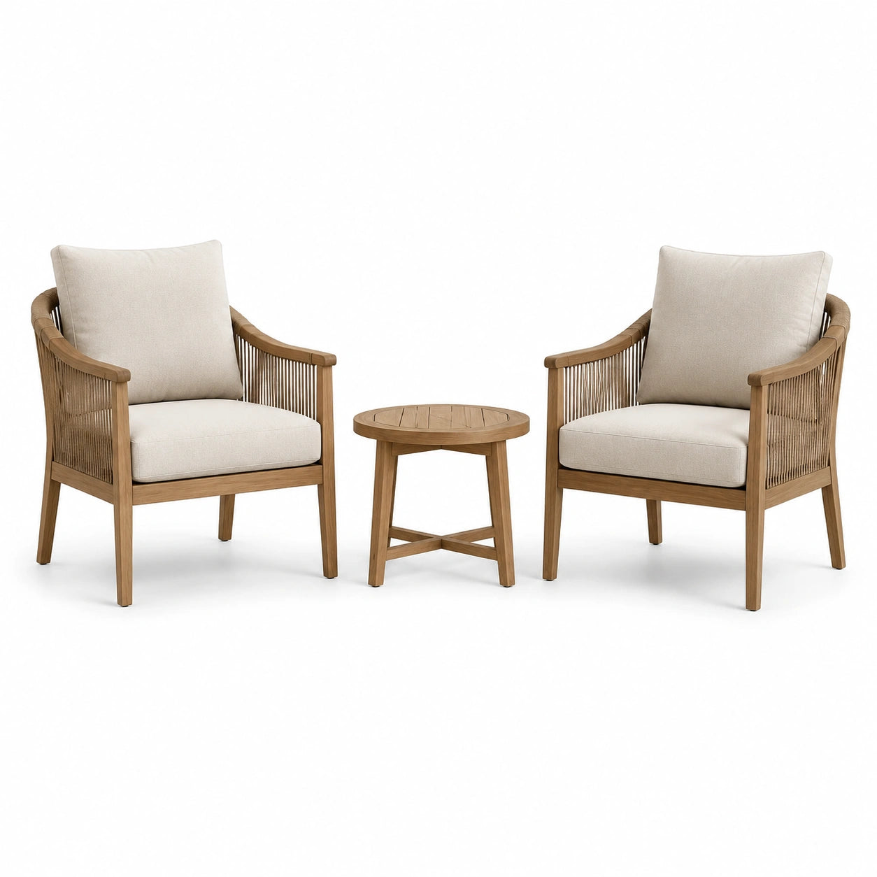 Conjunto de sillones y mesa de madera y cuerda con cojines beige
