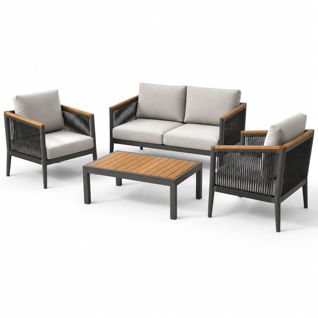 Conjunto de sofá de jardín de aluminio, cuerda y teca con cojines gris claro