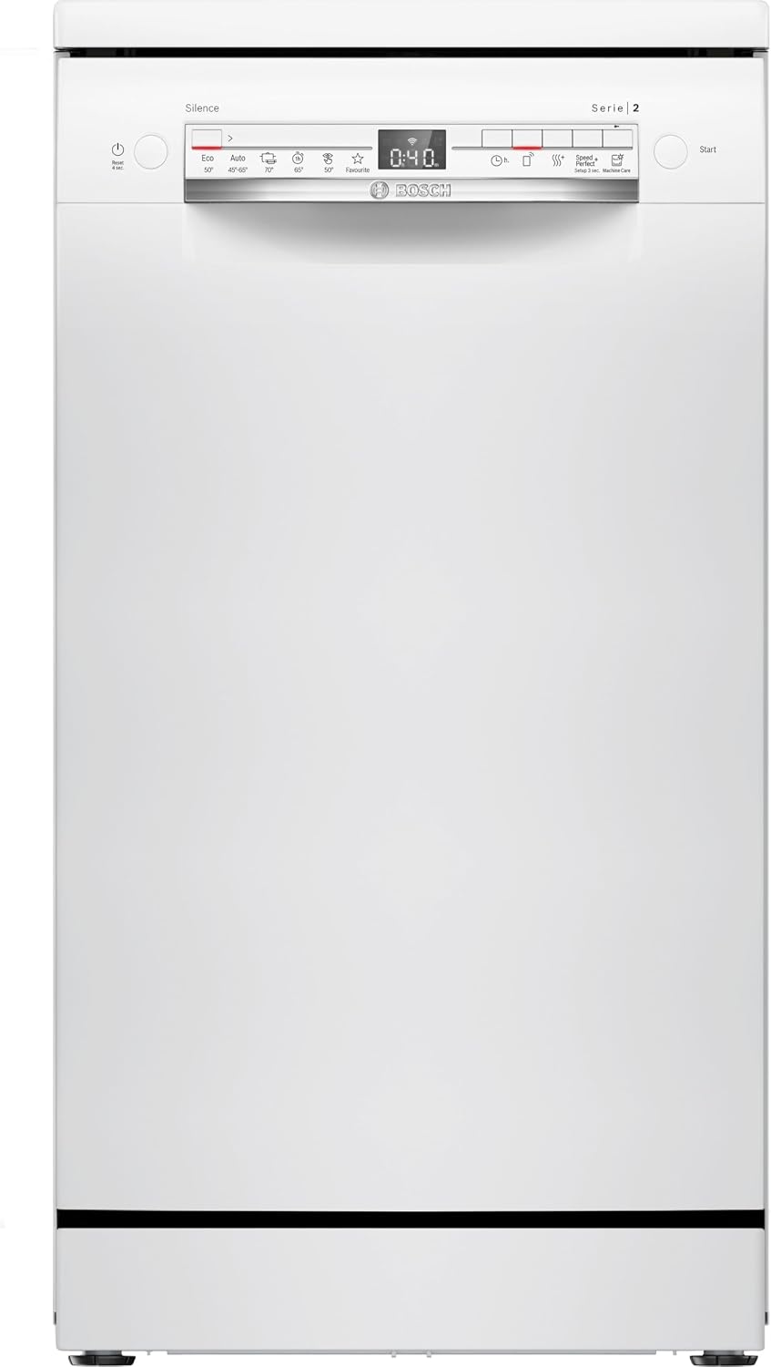 Bosch Zmywarka – SPS2HKW55E, 45 cm, 46 dB, Biały – regulowana wysokość, wolnostojąca, SPS2HKW55E do naczyń, Home Connect – szczupły format