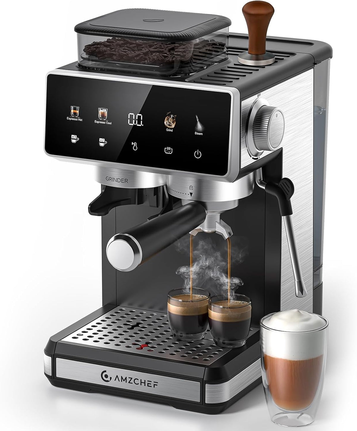 Maszyny do espresso-parowego AMZCHEF, 1350 W, 20 Bar – Czarny / Srebrny, Mrozy mleczne, Emulgator mleczny, Wymiary indywidualne – 2 Strefy temperatury