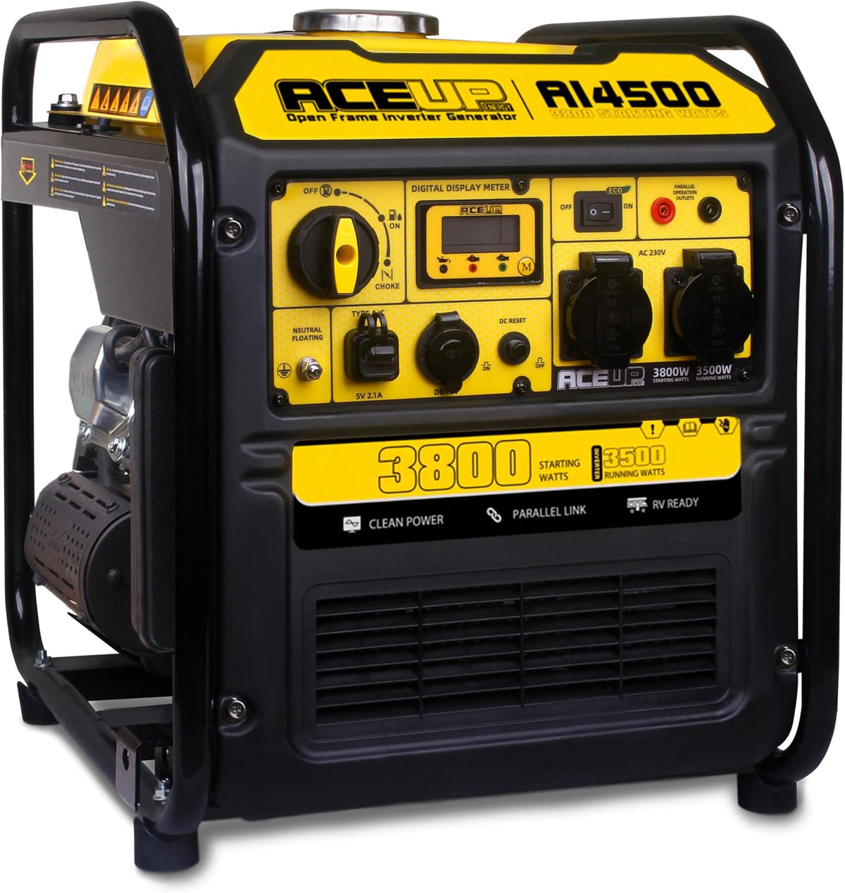 Aceup Energy Agregatory, 3800 W, 50 x 41 x 48 cm, 10 litrów – Żółty/Czarny, USB, 3 w 1, Generator prądu o mocy 3800 W – inwerter na benzynę