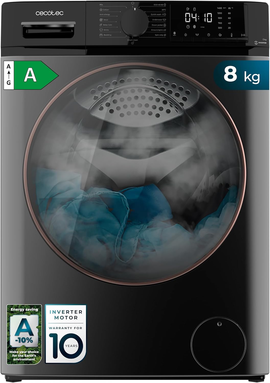 Cecotec Pralka, 8 kg – 1400 obr./min, Czarny, Steam Max, Motor Inverter Plus – 15 programów, OnSmart, Smooth Wash, Stop&Go