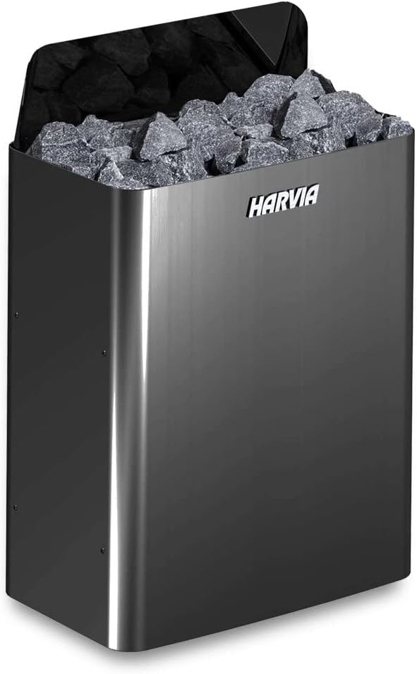 Harvia Piece, 9 kW, 230 V – 20 kg, Czarny / Srebrny, stal nierdzewna, Naczynie kuchenne – czarna, Zastosowanie z kamiennymi