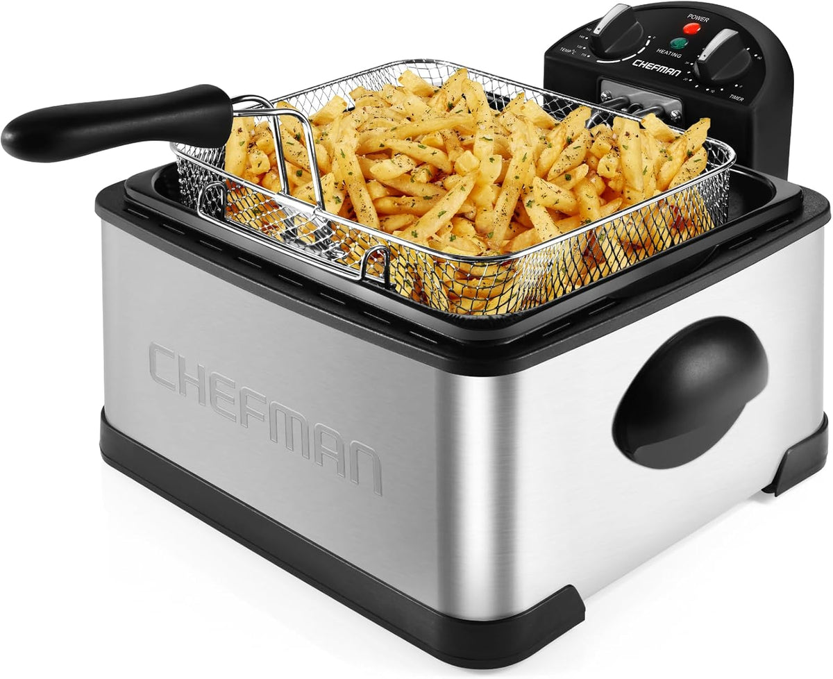 Frytkownica Chefman, 4.5 l, 1700 W – 230 V, Szary, Regulowany, Maszyna – licznik czasu, 5 Litrów głębokiego frytkownika z koszykiem do użytku domowego