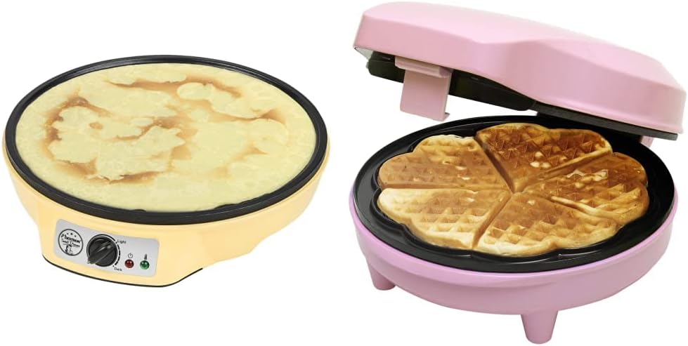 Bestron Gofrownica i opiekacz – 30 cm, 1000 W, 1,38 kg, Żółty / Różowy – metal, gofrownica / opiekacz, Retro projekt elektryczny crepe, Słodkie sny