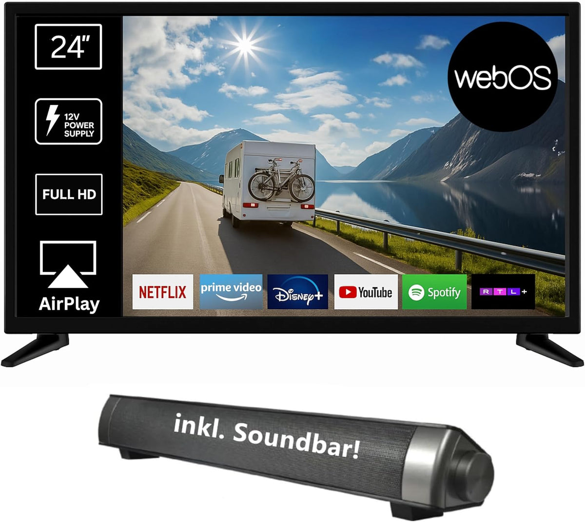 REFLEXION Telewizor Smart TV, 12 V, 550 x 88 x 336 mm – Czarny, USB, Bluetooth, Wi-Fi – pilot zdalnego sterowania, praca bezprzewodowa