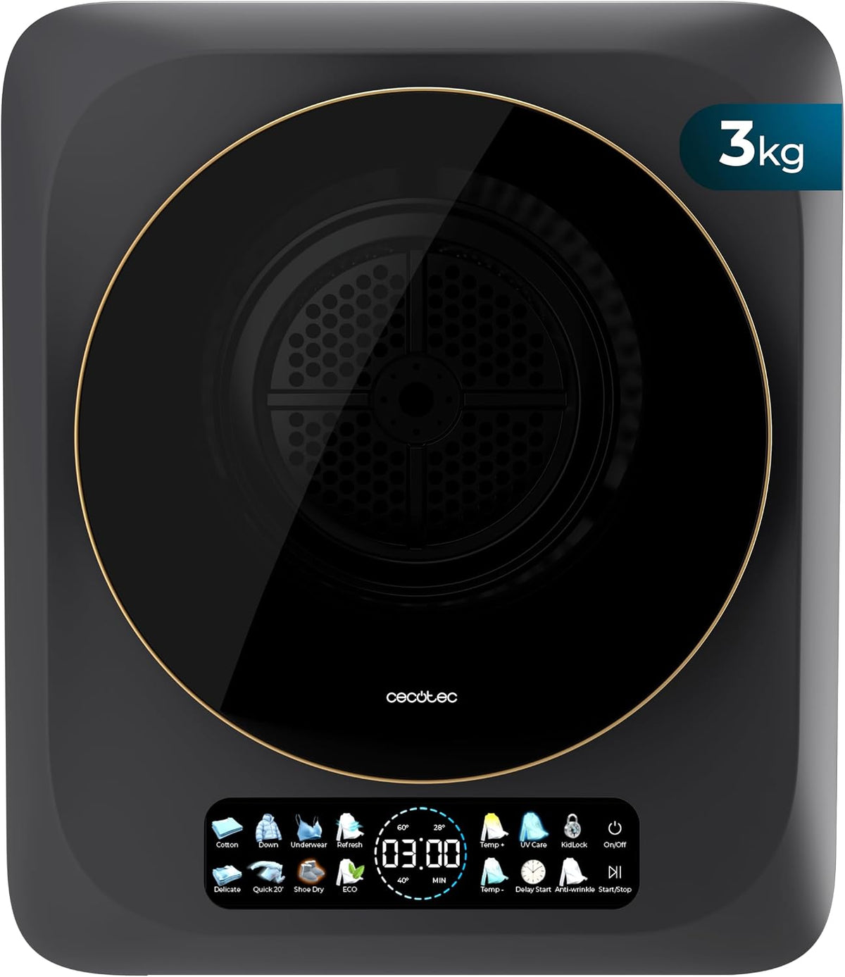 Cecotec Suszarki wentylowane, 3400 V, 3 kg, Czarny – Klasa G, Inteligentne suszenie automatyczne, wyświetlacz FullColor, funkcja UV