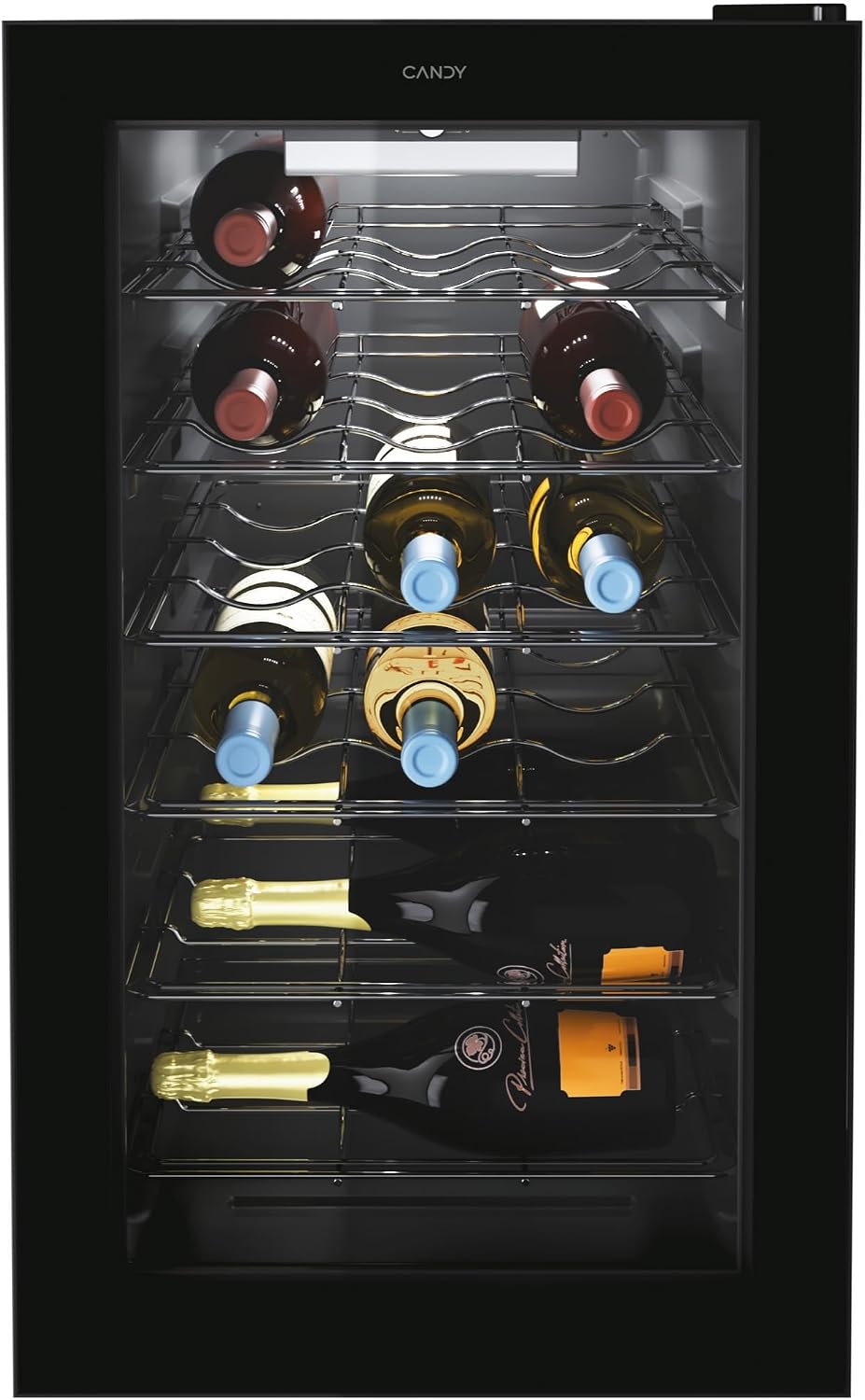 Chłodziarka do wina CANDY, 40 x 55 x 70 cm, 39 dB, Czarny – stal nierdzewna, elektryczny Wine Cellar, 21 butelek, klasa energetyczna G