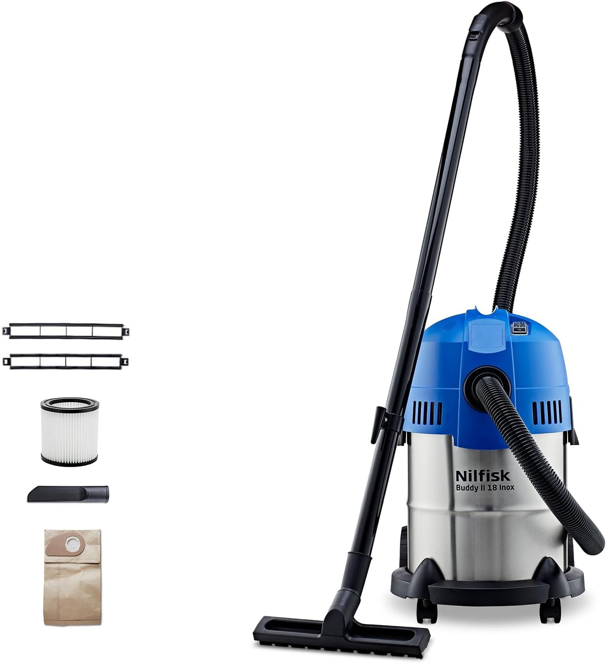 Nilfisk Odkurzacz do pracy na mokro i sucho, 18 L – 1200 W, Niebieski/Czarny/Srebrny, Buddy II 18L Inox, odkurzacz do domu – ogrodu i samochodu