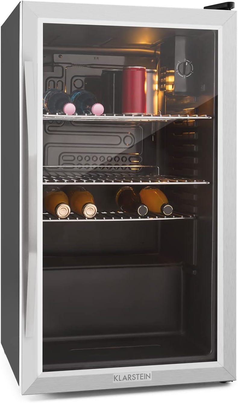 Minilodówka KLARSTEIN, mała lodówka – 80 l, 41 dB, 33 cm, Czarny / Srebrny – oświetlenie LED, kompresor, Lodówka, szkło – ciche, wyjmowane, czarne