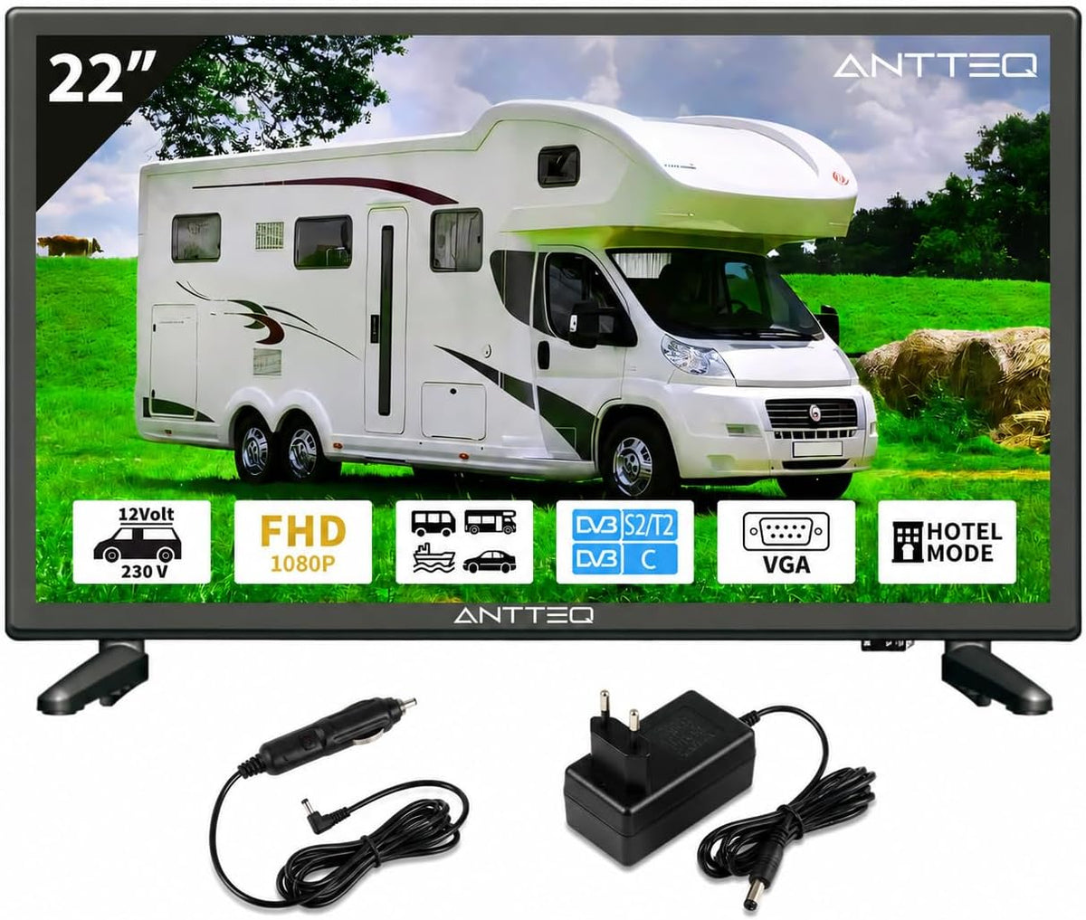 Telewizor Smart TV Antteq, AE22F5C, 22 cale, 12 V – Czarny, telewizor, Smart TV, E- class – AE22F5C- T21, potrójny tuner DVB- T2