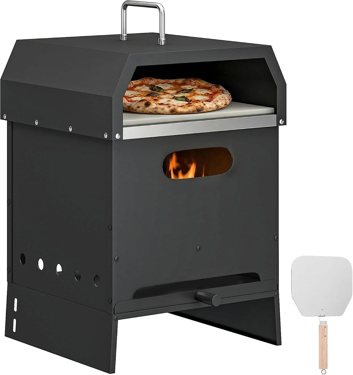 Grill Outsunny – 33.5 l, 11 cm, Czarny / Srebrny, metal – Elektryczny piekarnik pizzy, przenośny, na zewnątrz, kemping – kamień i łopata, BBQ węgiel