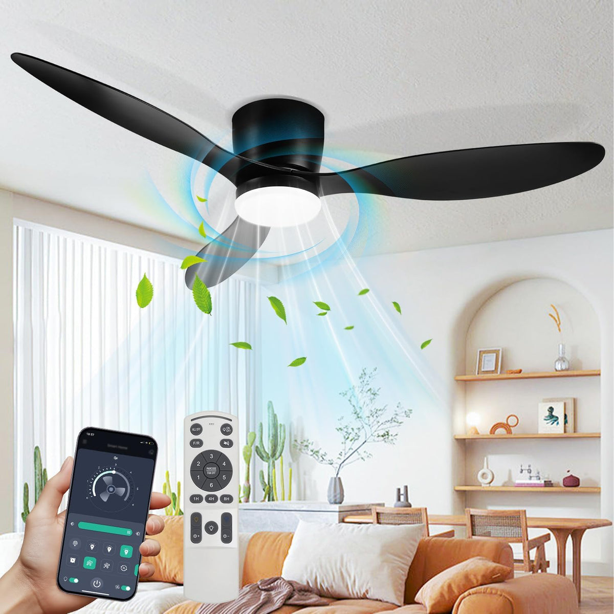 Wentylator sufitowy Daromigo, 2/4/8H, 132 cm – Czarny, oświetlenie LED, Bluetooth, pilot zdalnego sterowania – Wentylator 2 / 4 / 8H, zegar