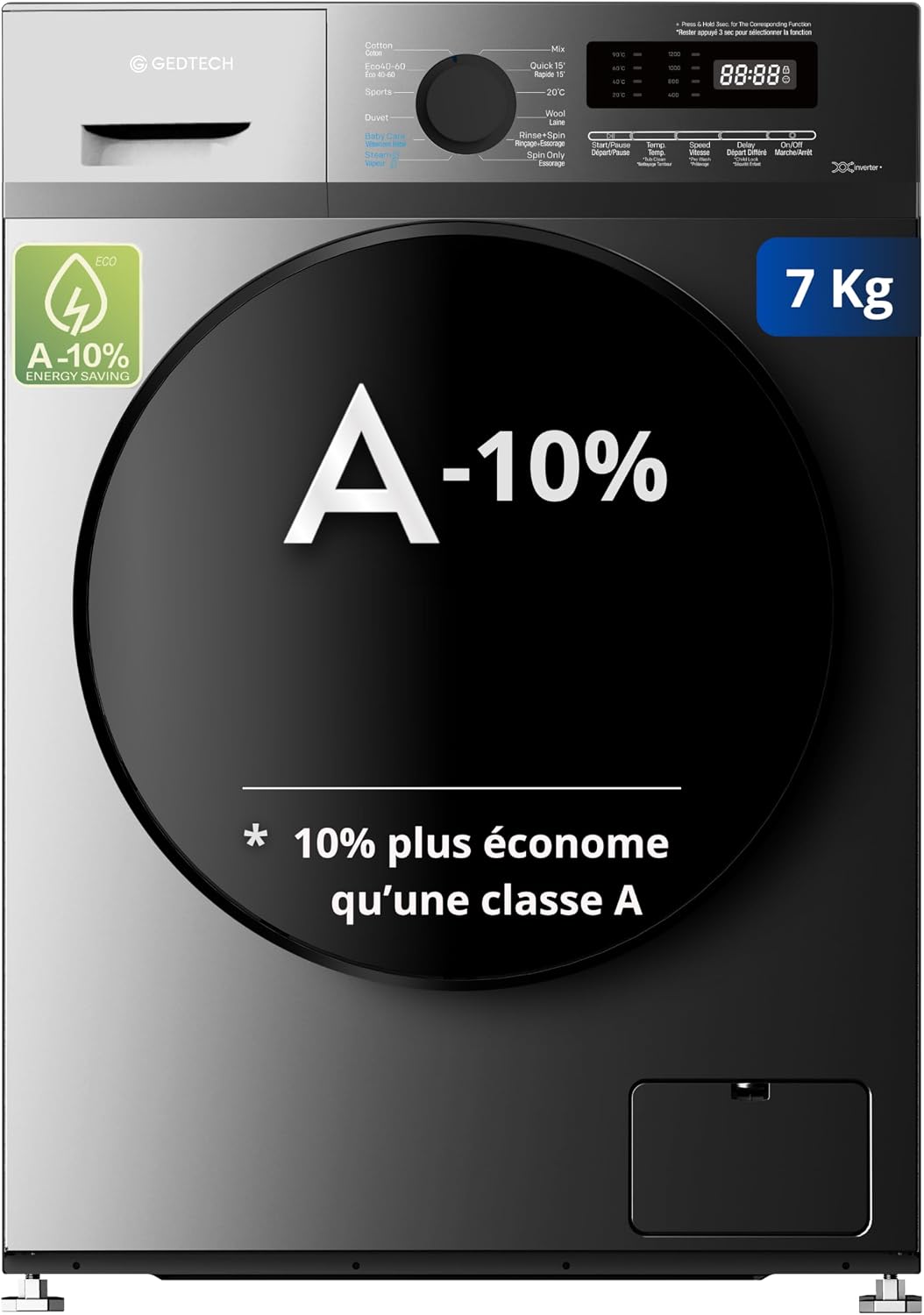 GEDTECH Pralka, GLL71200BL, 1200 obr./min – 7 kg, Biały, oświetlenie LED, min - 16 programów - Eco - Intensywny - Szybki – bardzo niskie conso
