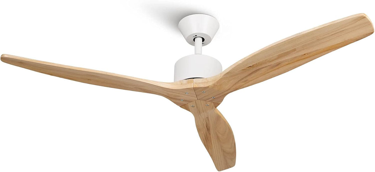 Wentylator sufitowy Mellerware, 30 W – 132 cm, Biały/Drewno Jasne, aluminium, pilot zdalnego sterowania – timer