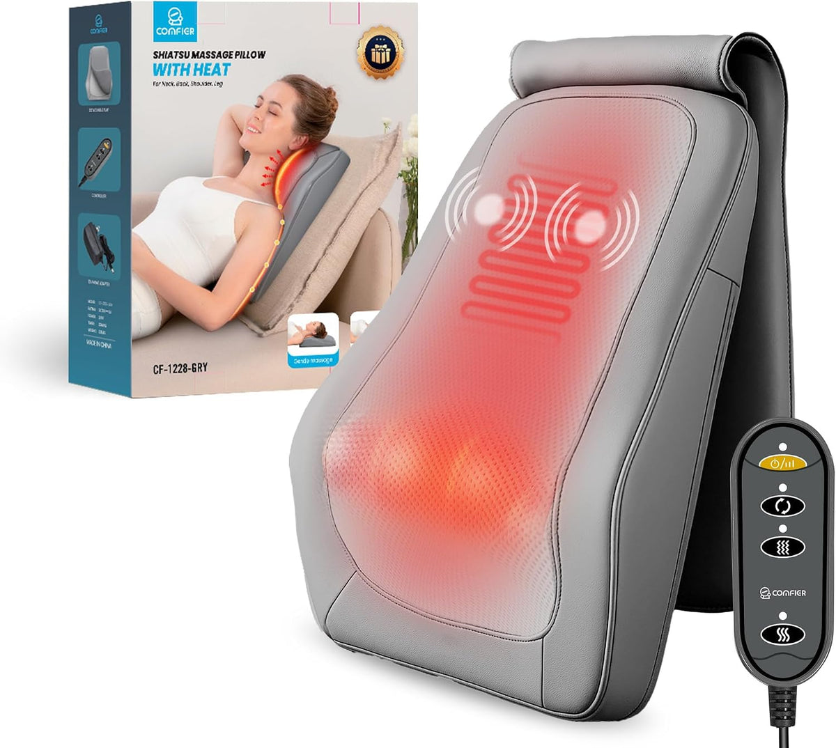COMFIER Masażer elektryczny, Szary – przyrząd do masażu pleców i lędźwiowego, Masażer, Cushion, Efekt 3D – funkcja ogrzewania