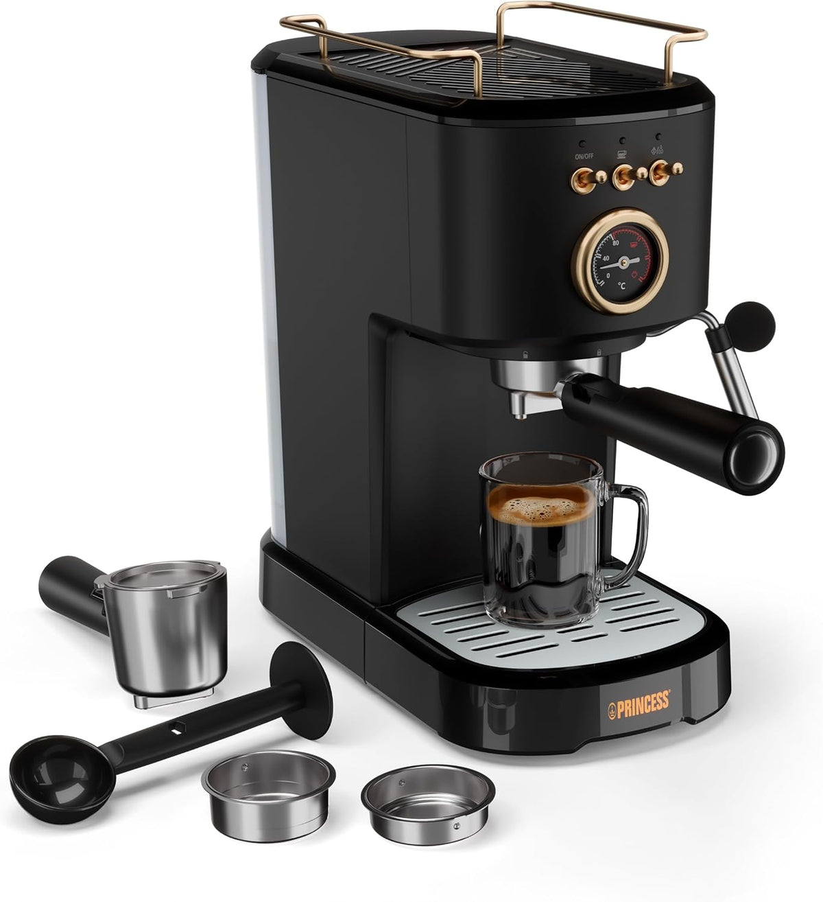 Ekspresy do kawy na jedną filiżankę Princess – 2 l, 1100 W, 20 Bar, Czarny – Suszarka do kawy, duży zbiornik, 20 Barów, Buse para – 249417