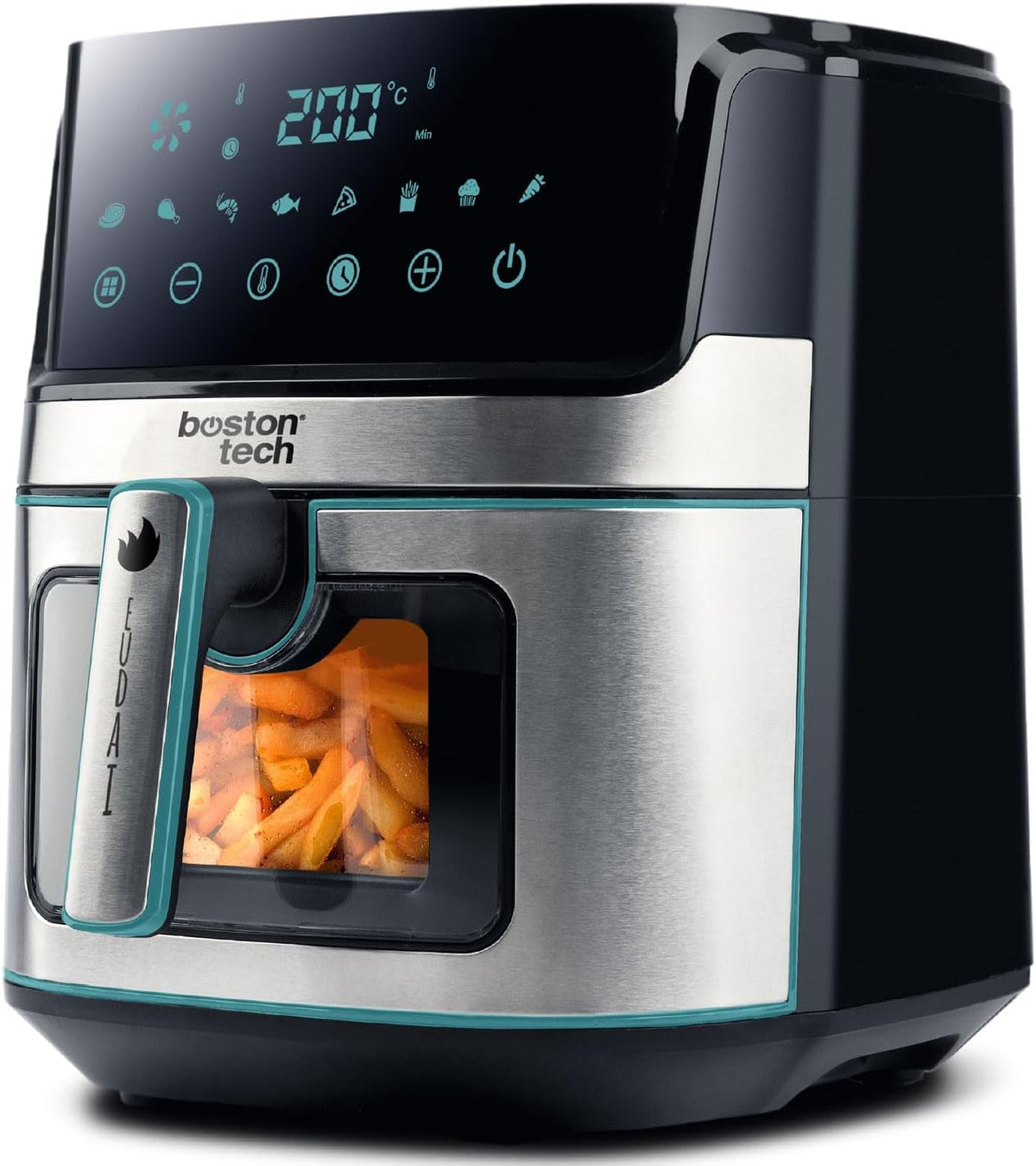Frytkownica beztłuszczowa Boston Tech – air fryer, 1500 W, Czarny, oświetlenie LED – funkcja grilla, 5 programów, dotyk, zegar – 35% dłużej
