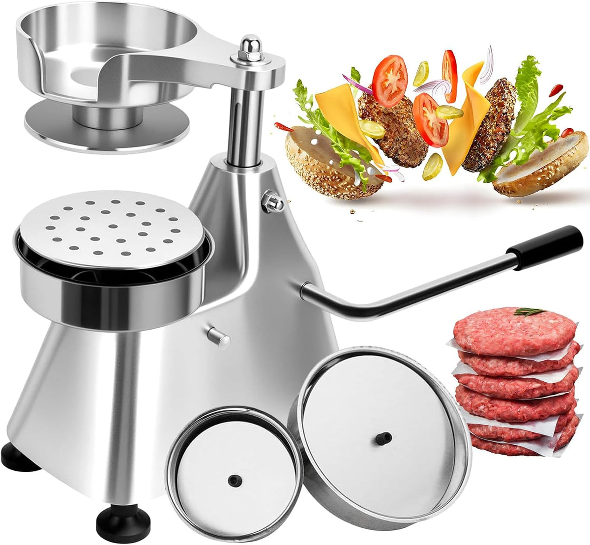 Prasy do kanapek i panini, 2 cm, 3 W – Srebrny, stal nierdzewna, 3 w 1, Hamburger – do ciasta 10-częściowego