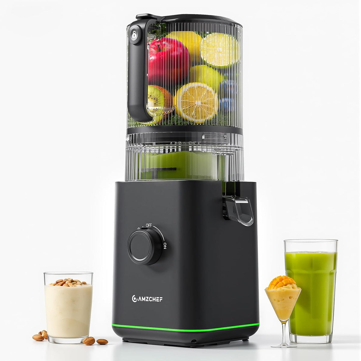 Wyciskarka wolnoobrotowa AMZCHEF, 5 l, 155 mm – Czarny, Wyciąg z soku, tłumik, Cicha i łatwa do czyszczenia – Bocca 155 mm, 5 l z separatorem Mossa