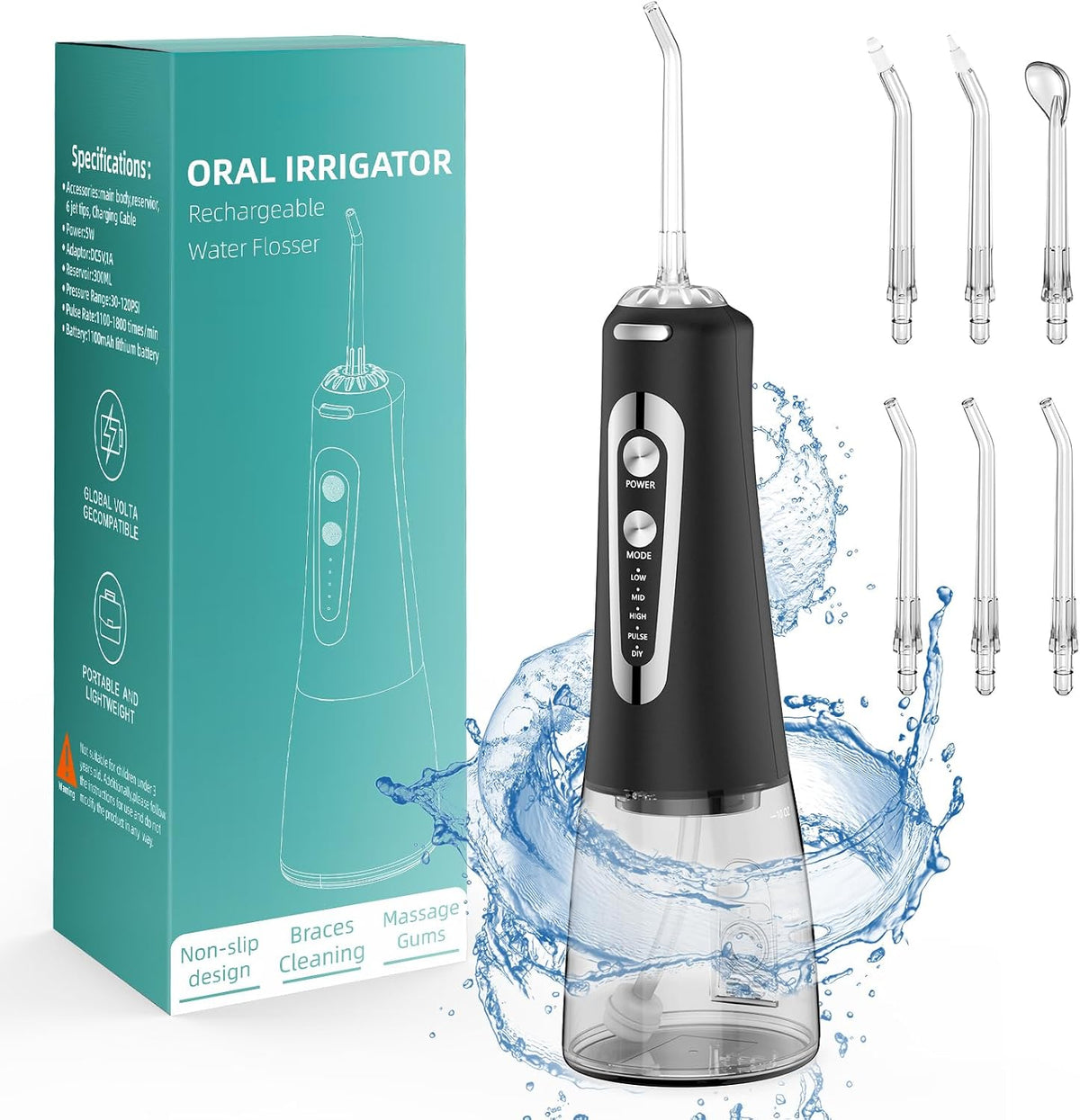 Bilitase Nawadniane i napędzane wodorem, 300 ml, Czarny, praca bezprzewodowa – Elektryczny hydropuls dentystyczny bezprzewodowy, 5 trybów i 300 ml