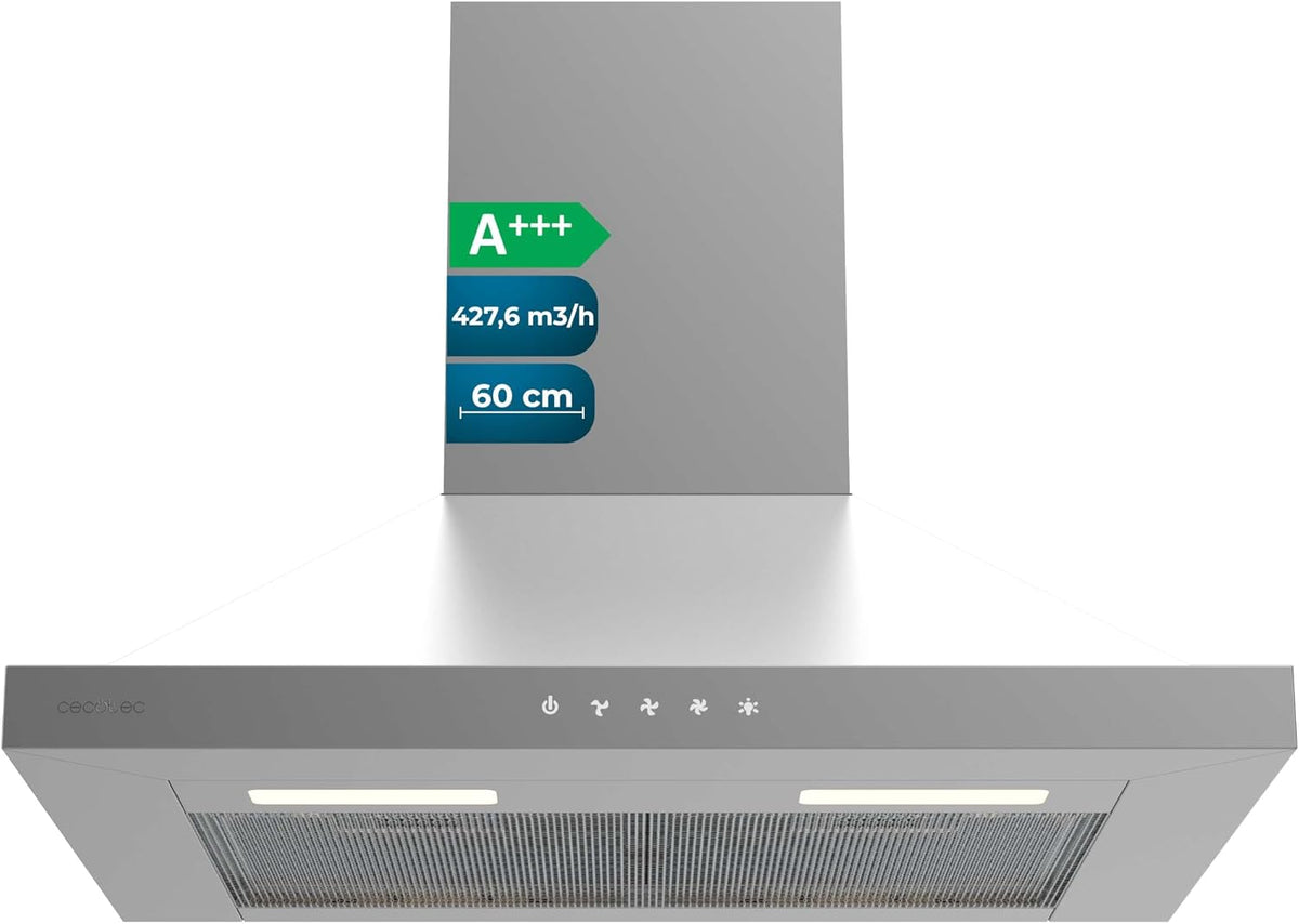 Cecotec Okap kuchenny, 60 cm, Srebrny – stal nierdzewna, oświetlenie LED, Bolero PT Flux, 6m3 / h – 3 prędkości, dotyk