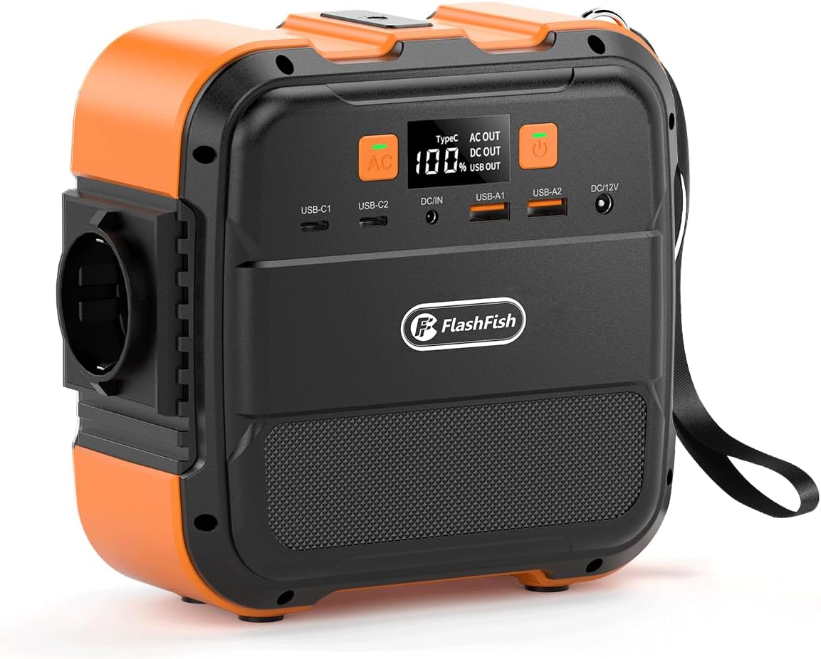 FF FLASHFISH Agregatory, 98 Wh – 120 W, 24 V, Czarny/Pomarańczowy, oświetlenie LED – USB, Flashfish Przenośna Stacja Zasilająca 98 Wh
